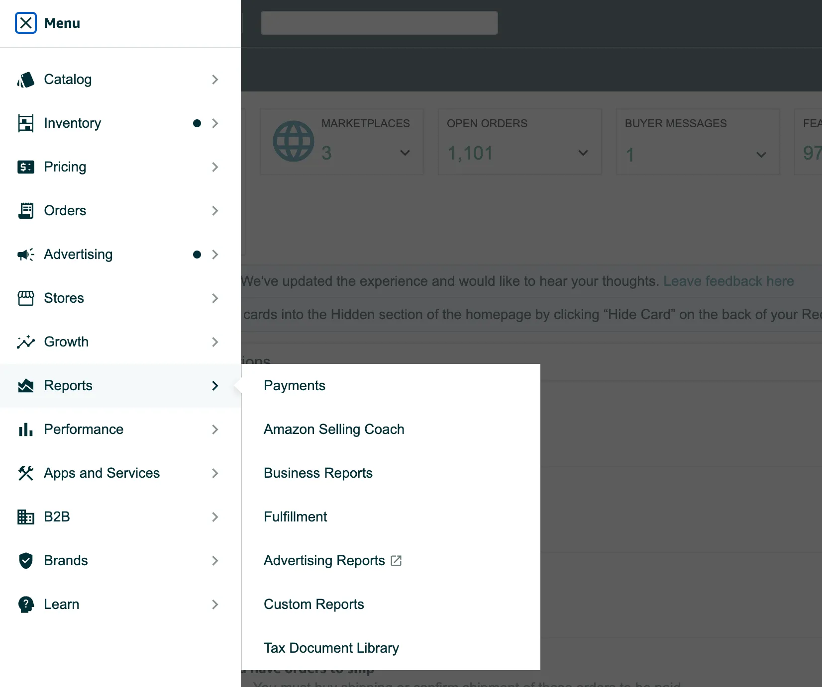 Amazon seller central reports navigation