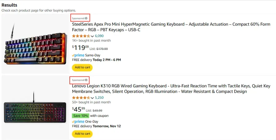 Sponsored Amazon search results