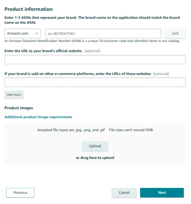 Product info on Amazon brand registry login.