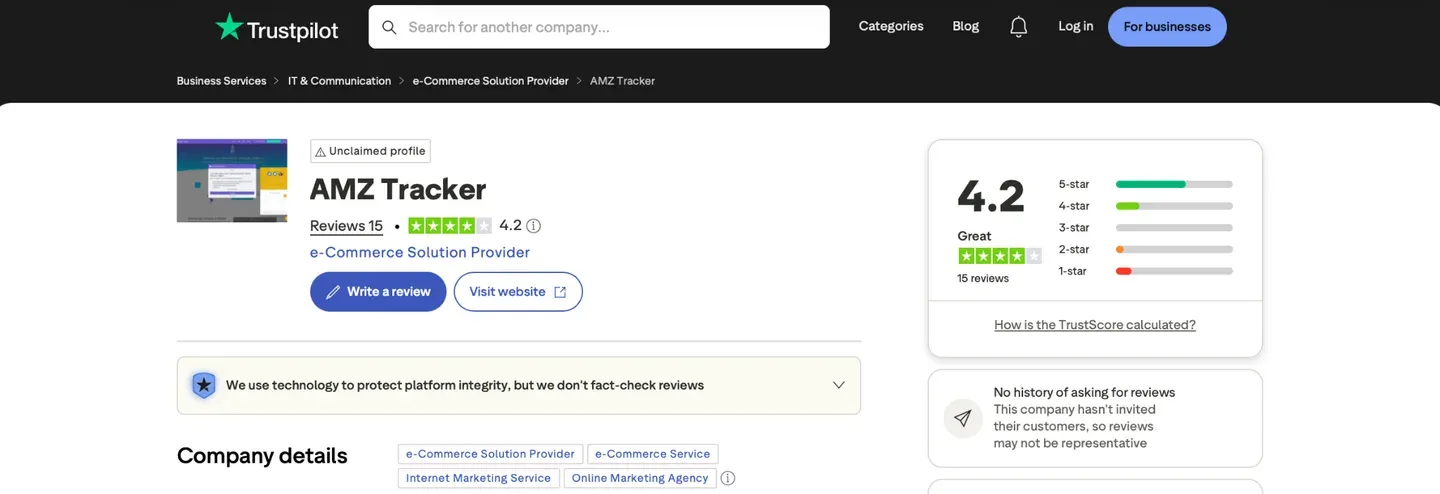 AMZ Tracker Trustpilot rating