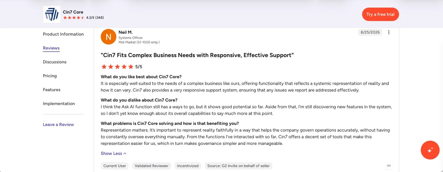 Cin7 Core Capterra rating and user review