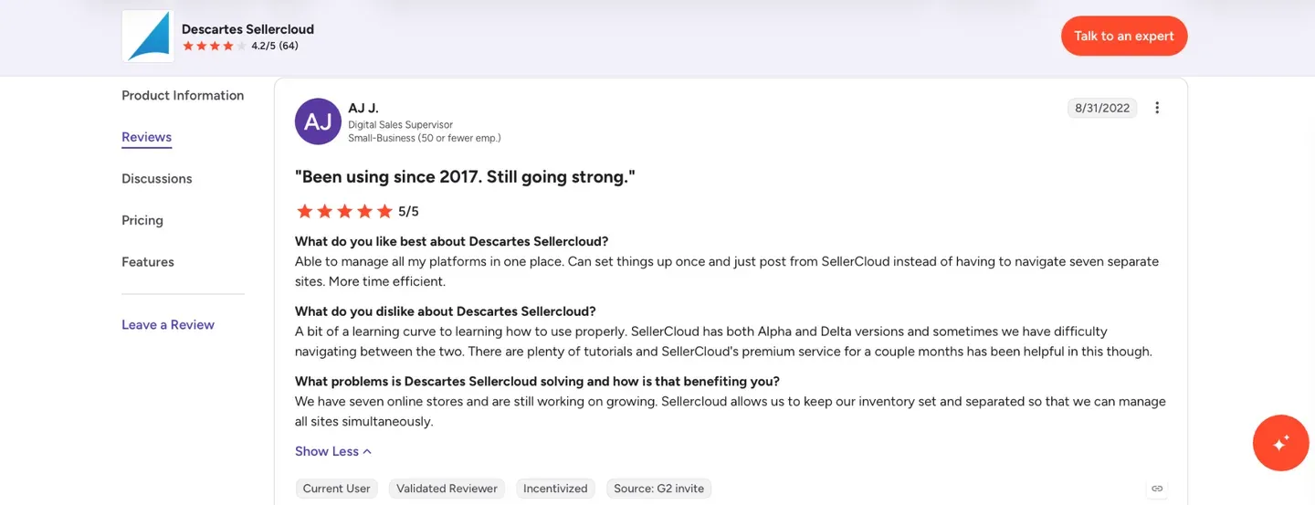 Descartes Sellercloud G2 rating and user review