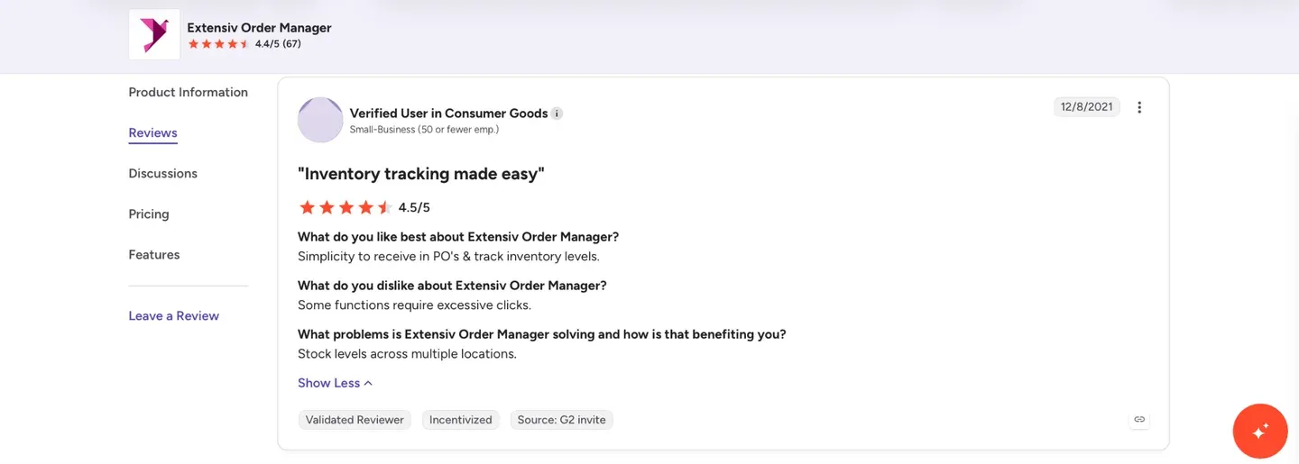 Extensiv Order Manager G2 rating and reviews