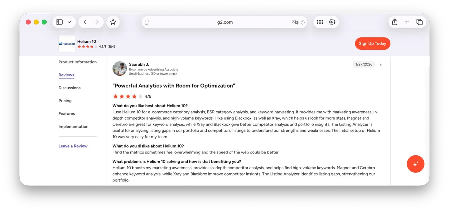 Helium 10 G2 rating and user review