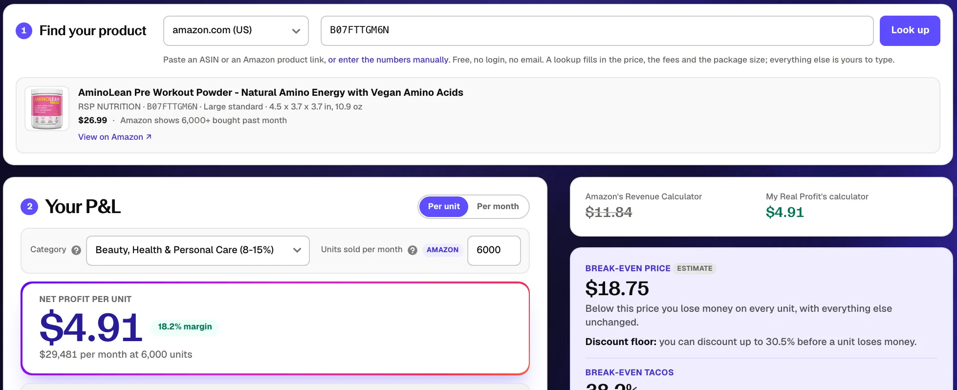 Amazon FBA calculator ASIN lookup with the listing's price and Amazon fees filled in automatically