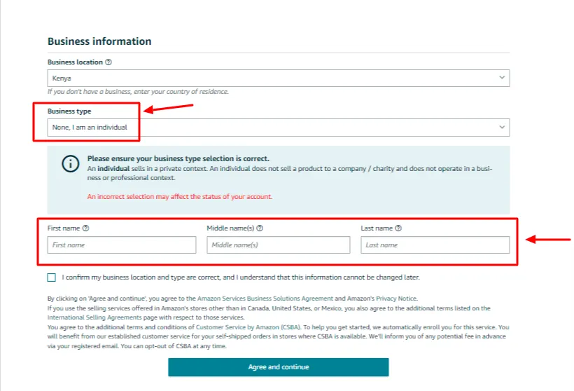 Amazon new account individual registration details page