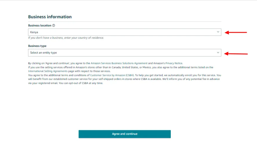Amazon seller account business account and business type details