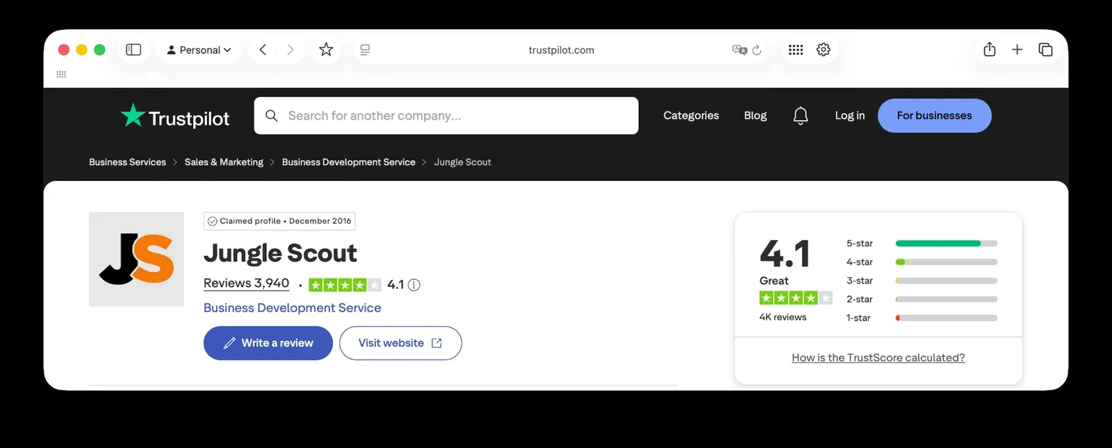 Jungle Scout Trustpilot rating