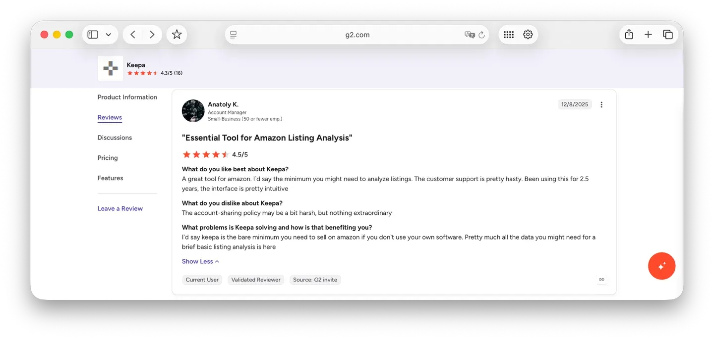 Keepa G2 rating and user review