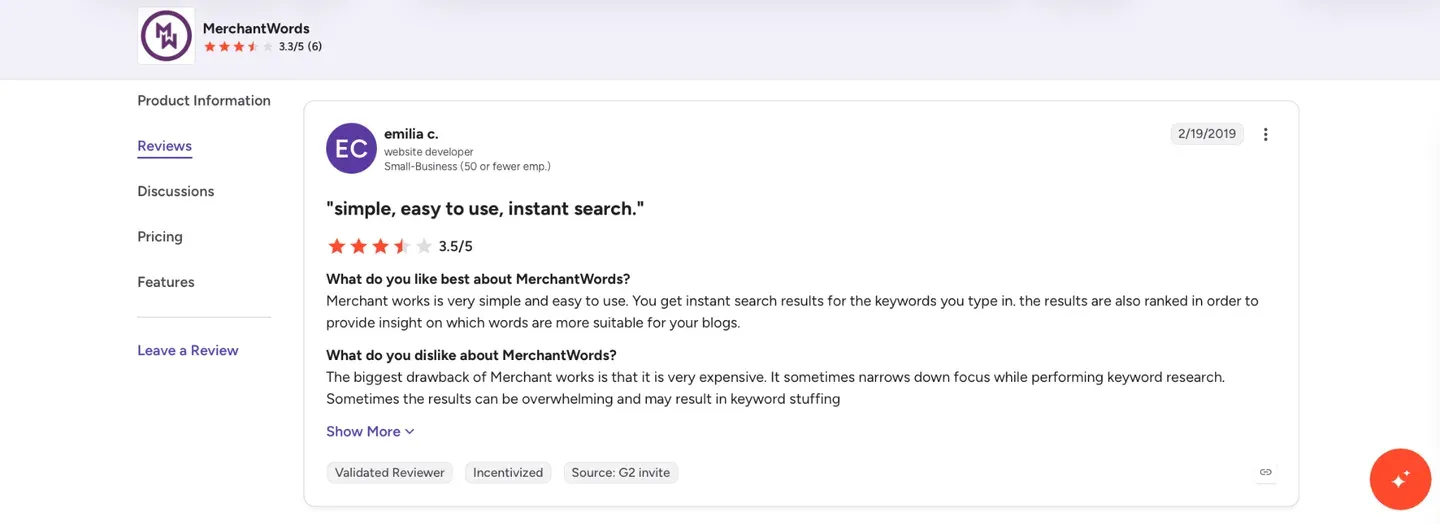 MerchantWords G2 rating and user review