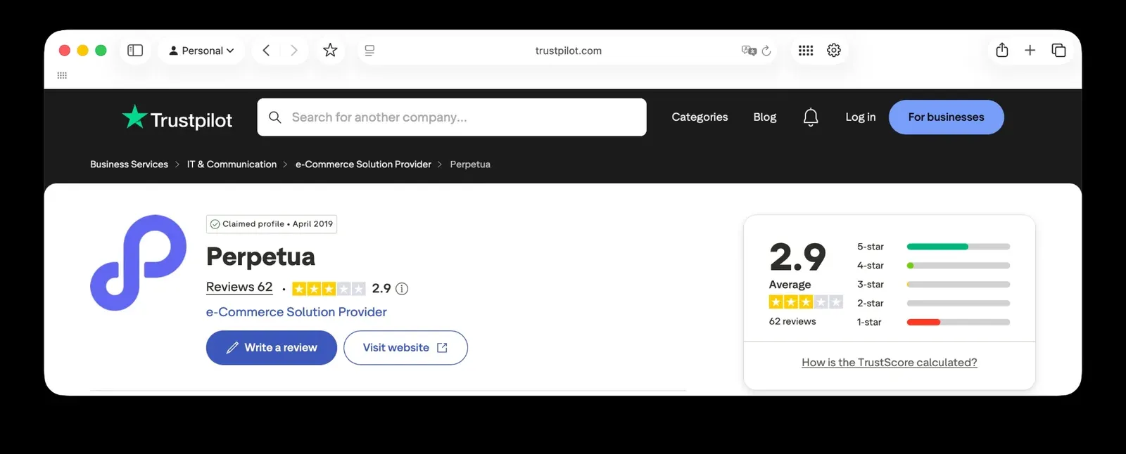 Perpetua Trustpilot rating