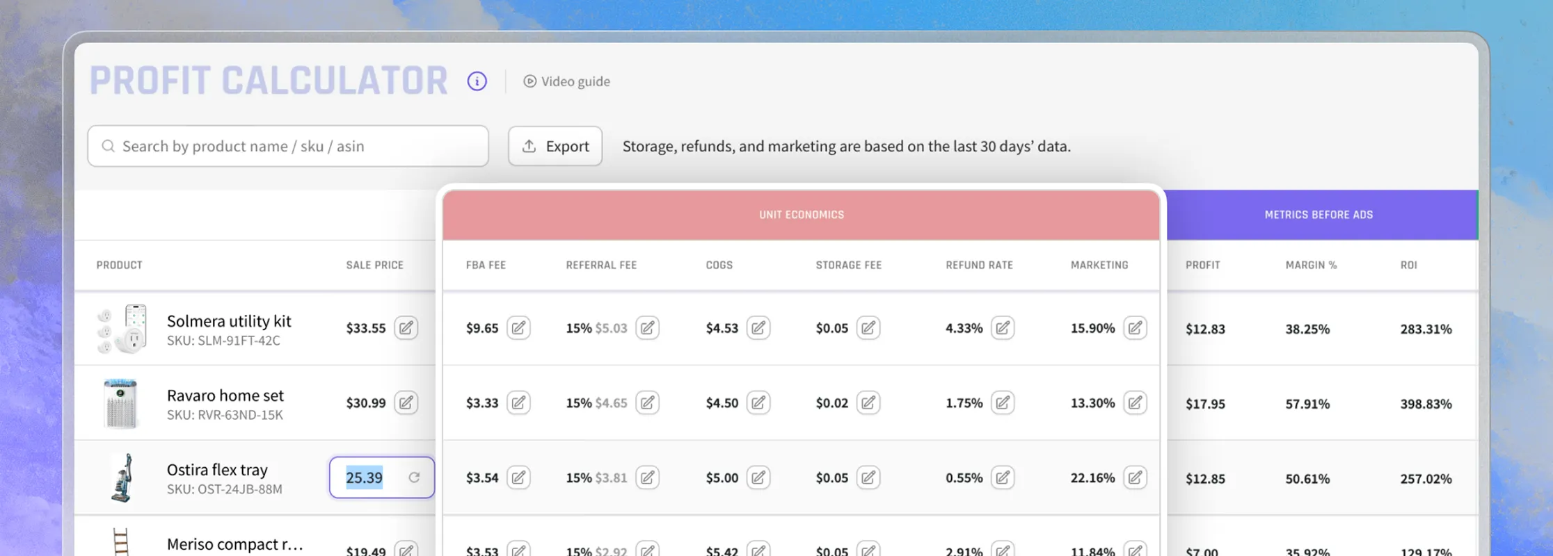 My Real Profit profit calculator on real account data, every ASIN pre-filled