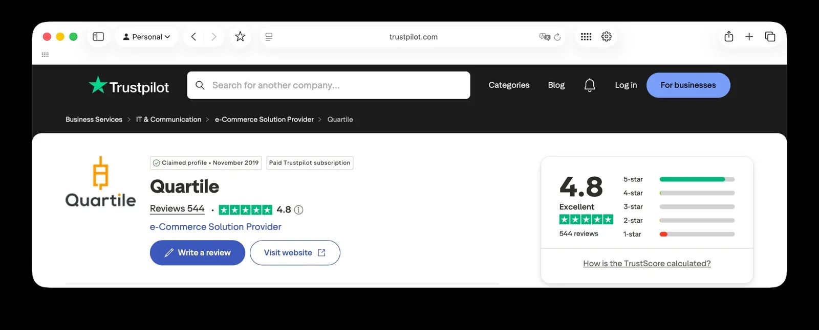 Quartile Trustpilot rating