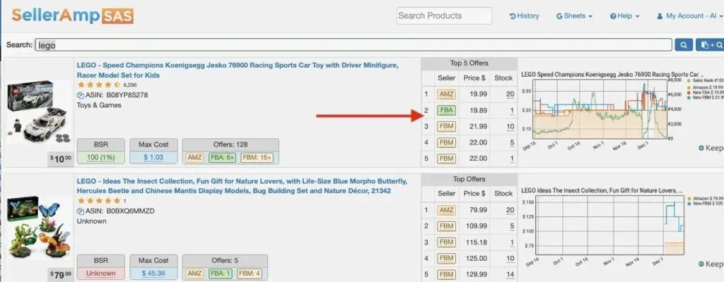 SellerAmp SAS analysis view