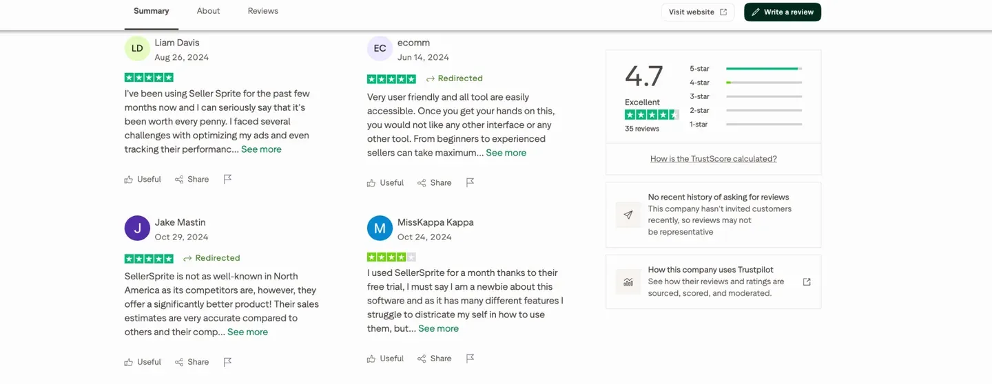 SellerSprite Trustpilot rating and reviews