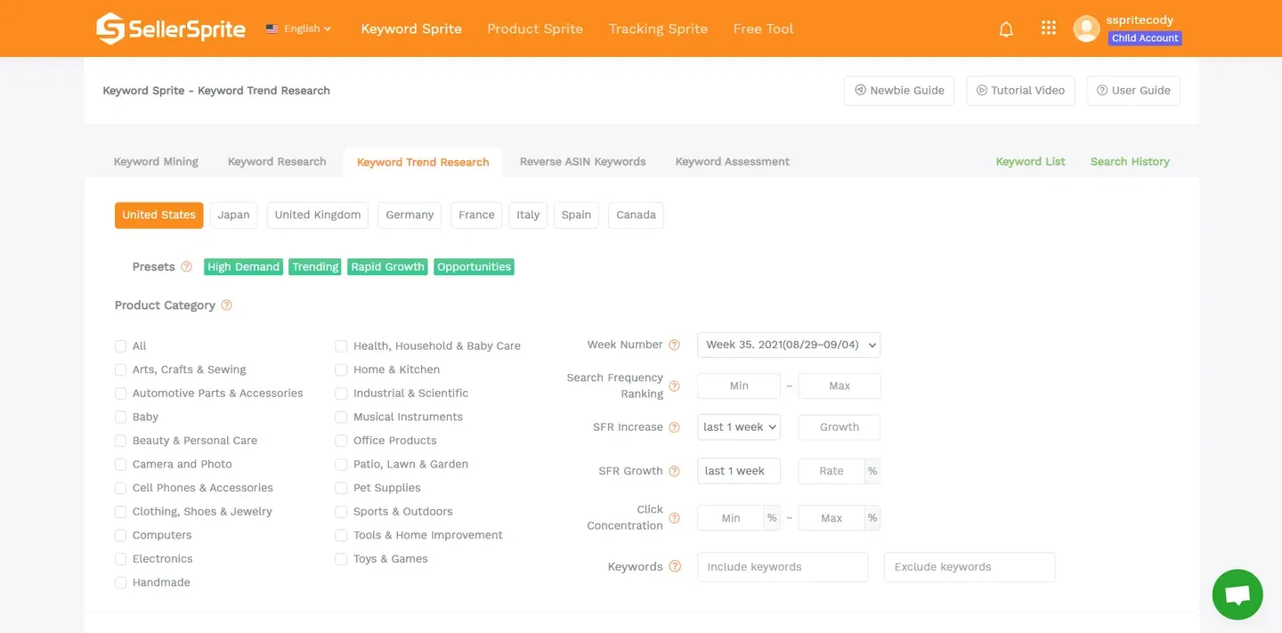 SellerSprite Keyword Trend Research dashboard