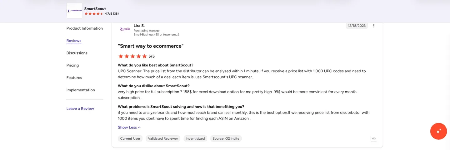 SmartScout G2 rating and user review
