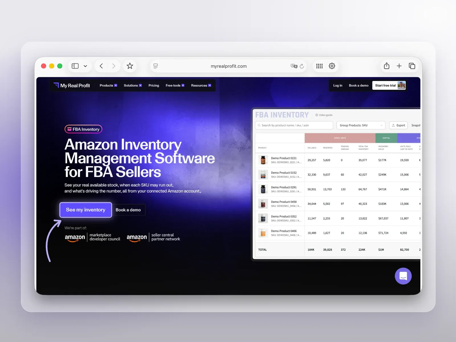 Amazon Inventory Management Software page with the See my inventory button