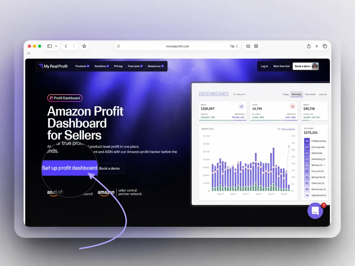 MyRealProfit with the Set up profit dashboard button