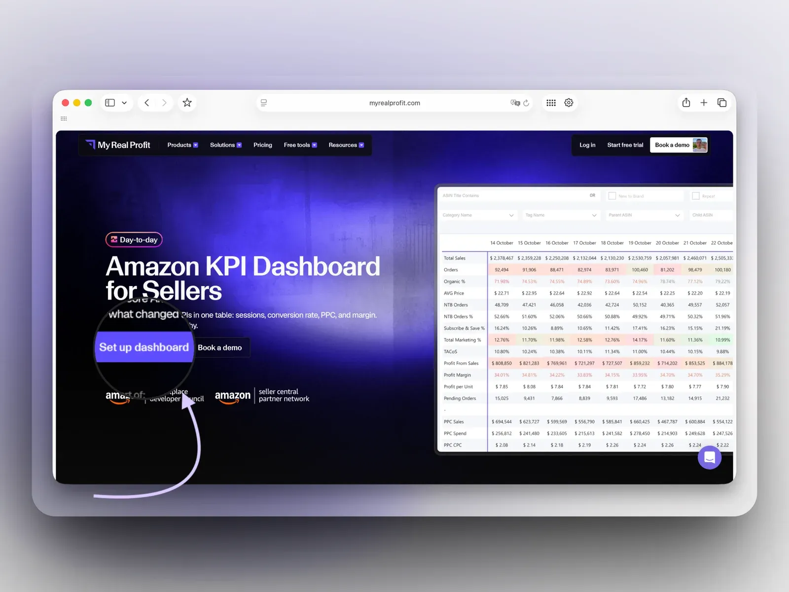 MyRealProfit with the Set up dashboard button