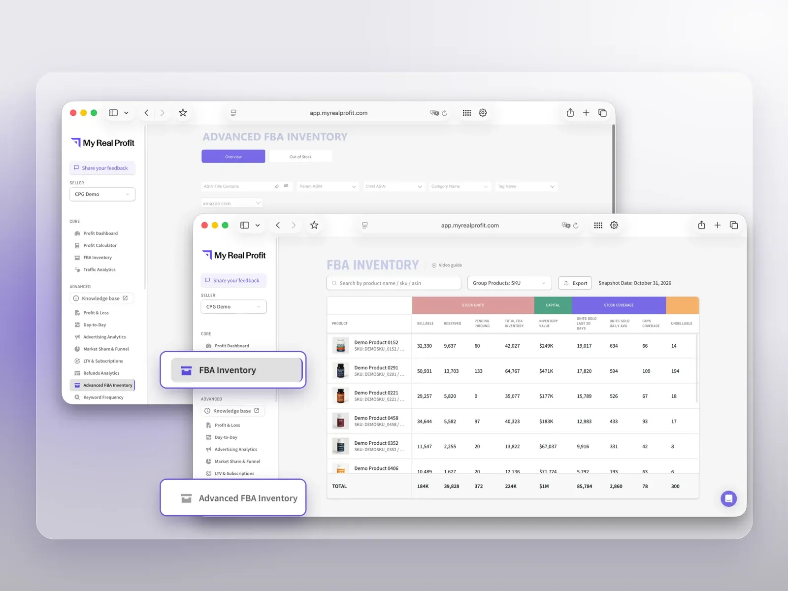 FBA Inventory and Advanced FBA Inventory in the My Real Profit menu, with the FBA Inventory report open