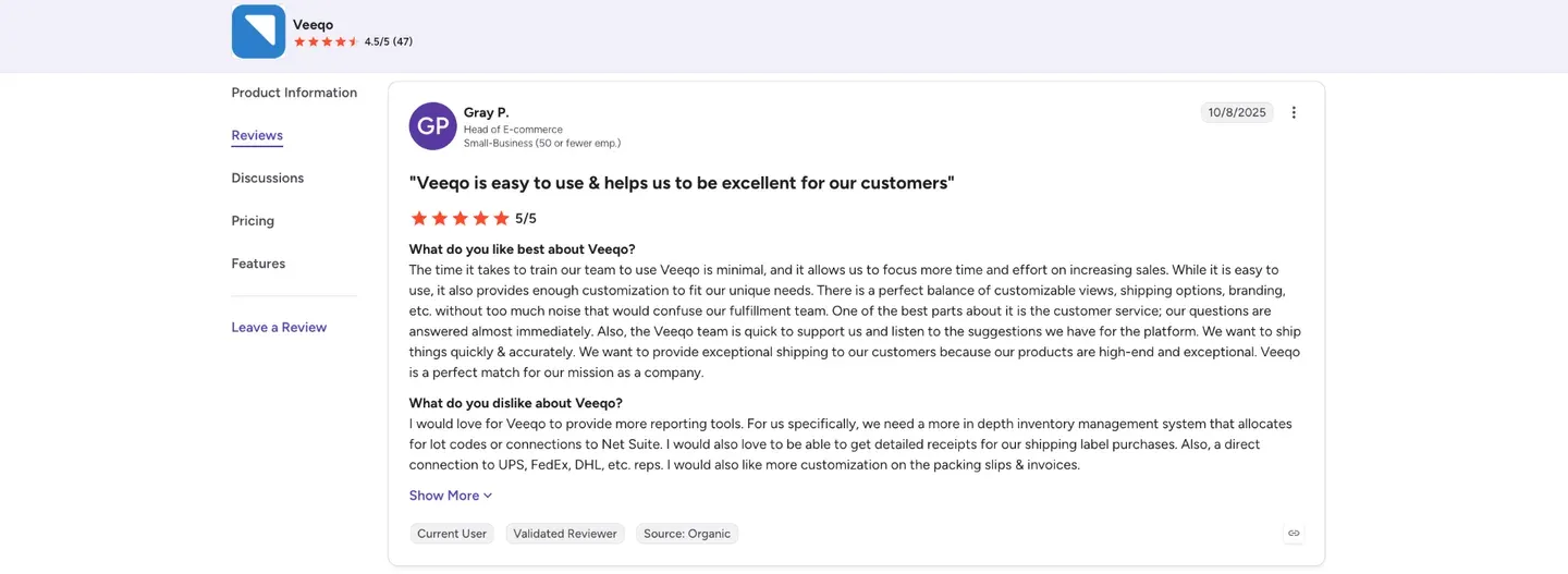 Veeqo G2 rating and reviews