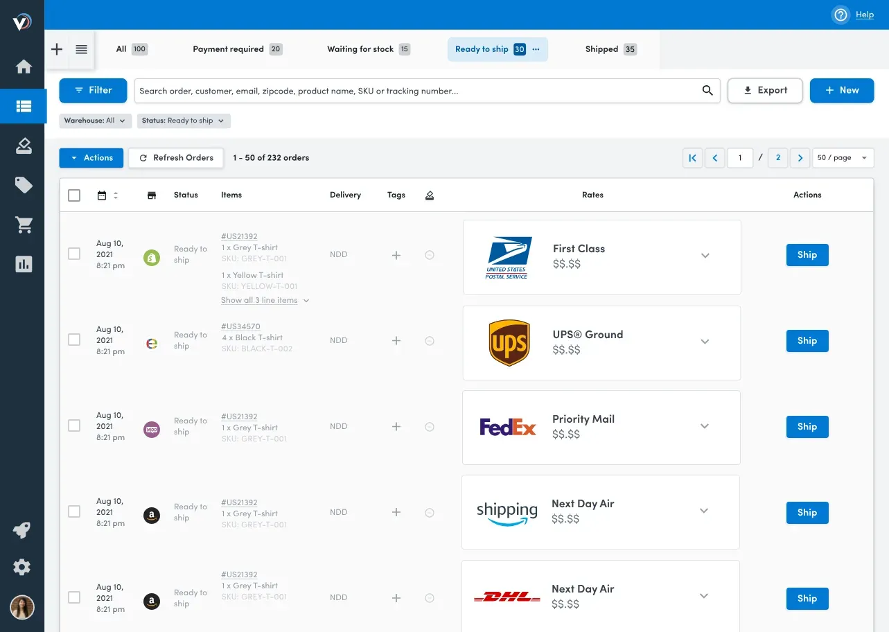 Veeqo multichannel shipping and rate shopping dashboard