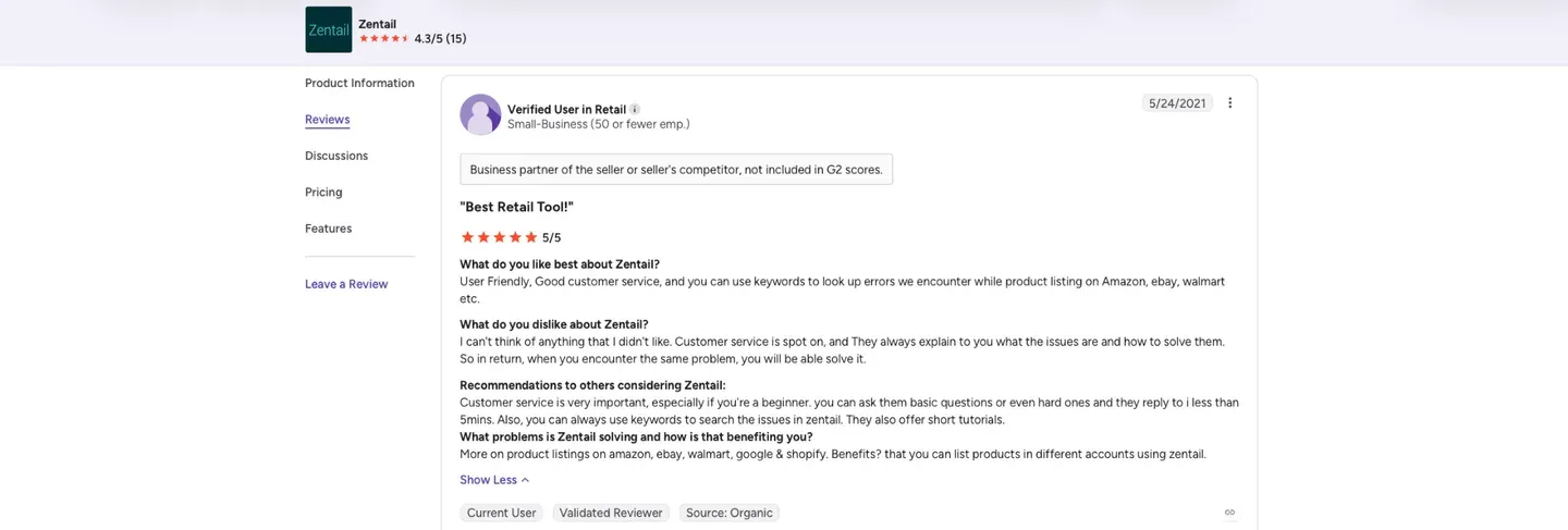 Zentail G2 rating and reviews
