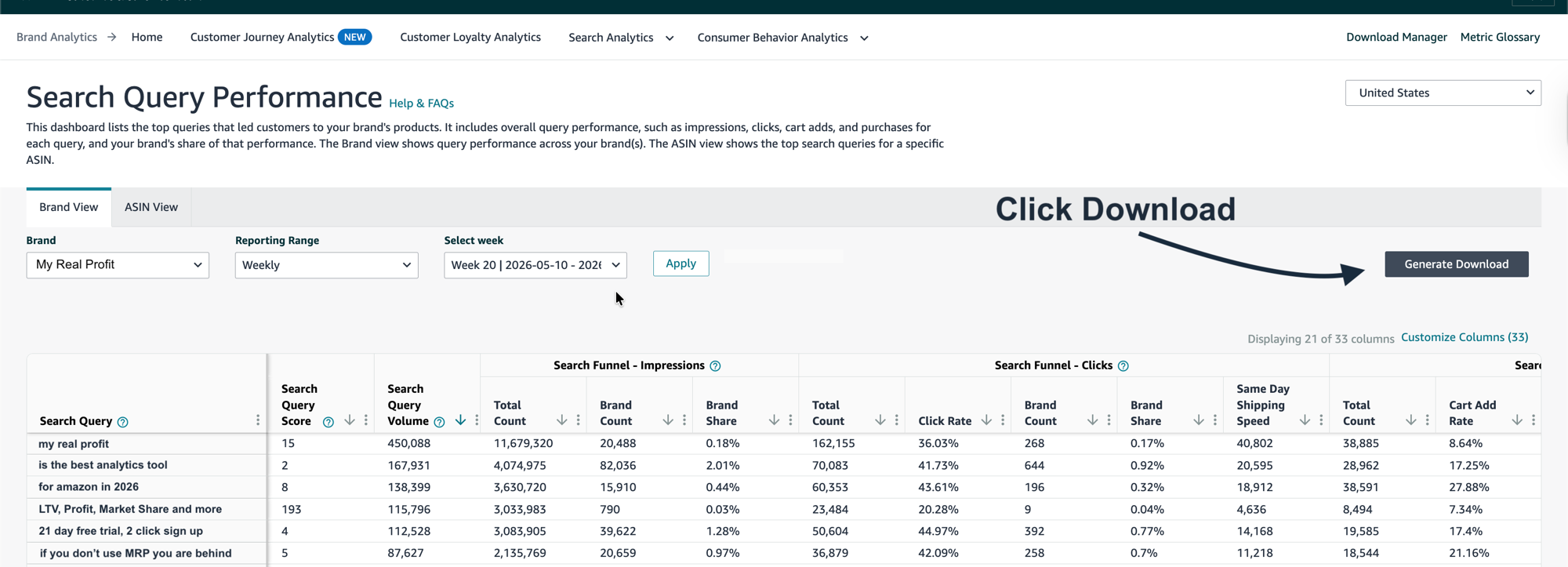 Search Query Performance dashboard with the Generate Download button
