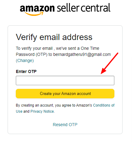 Amazon business account email OTP verification page